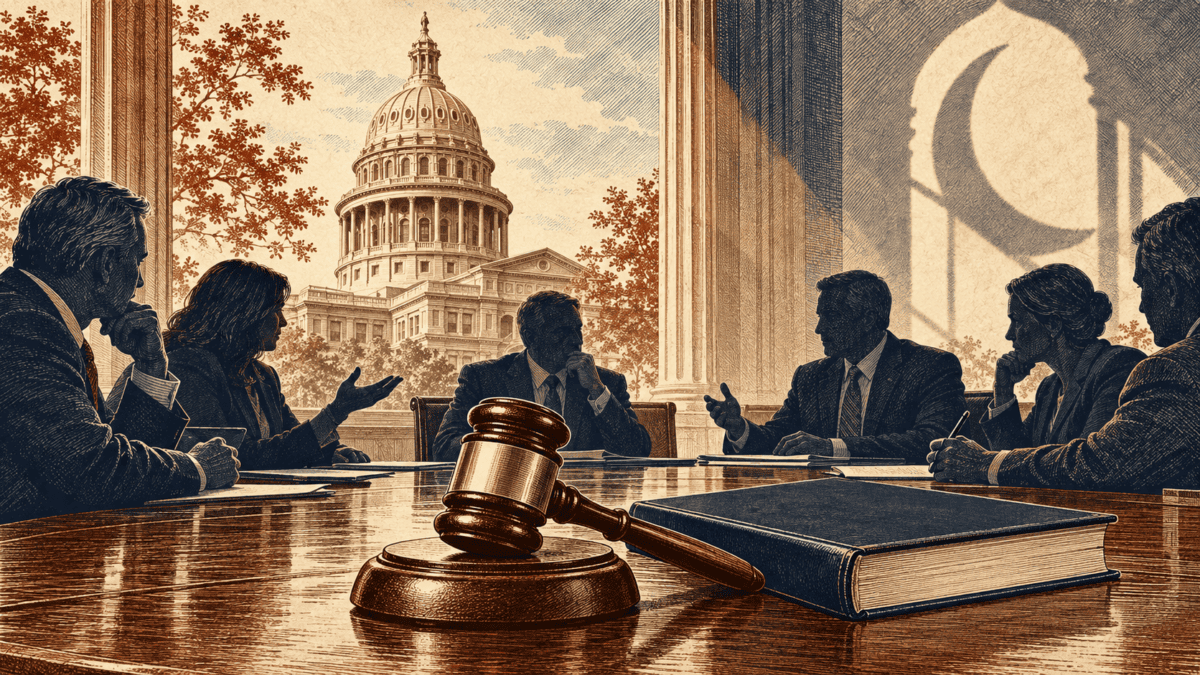 Texas lawmakers meet near the Capitol with a gavel, law book and crescent-shaped shadow.