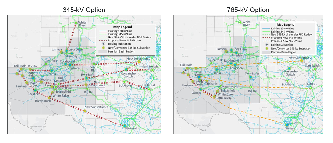 Comparison map showing the proposed 345-kV and 765-kV transmission corridor options for the Permian Basin Reliability Plan in Texas, illustrating differences in routing, substations, and transmission infrastructure.