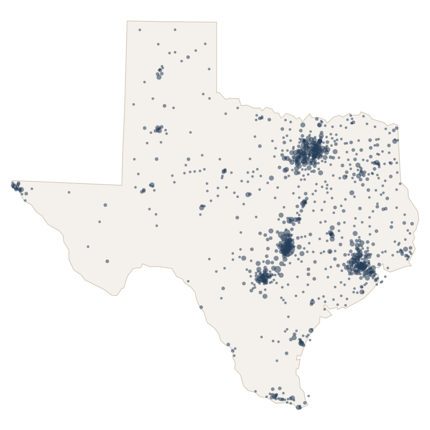 Map of Texas showing subscribers clustered by ZIP code across the state, with dense concentrations in the Austin, Dallasâ€“Fort Worth, Houston, and San Antonio metro areas and coverage extending well into rural counties.